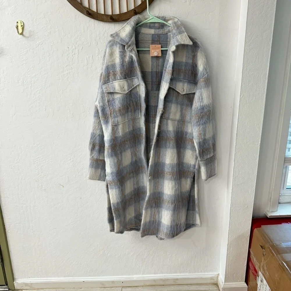 Miss Lola Blue Plaid Long Line Side Slit Fuzzy Button Down Shacket Jacket M/L